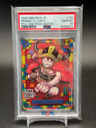 Monkey D. Luffy P-110 PSA 10 GEM MT – One Piece Day '25 Promo 2025, LEGO-Pixel-Artwork im Wikinger-Outfit, Power 9000, Rot, Bandai Japan, Cert #141482071, im PSA-Slab